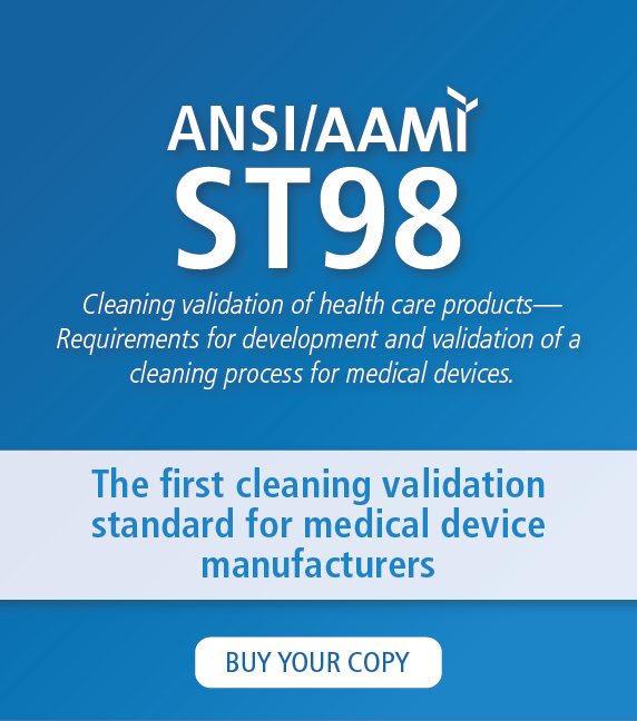 AAMI/ANSI ST98 in front of blue medical device background